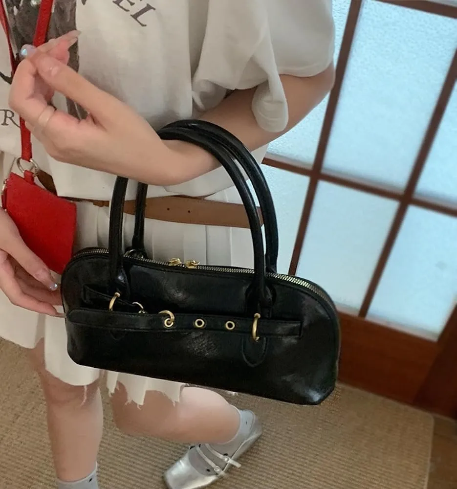 Vegan Leather Shoulder Purse for Women Vintage Belt Buckle Crossbody Bags Handbag Adjustable Strap