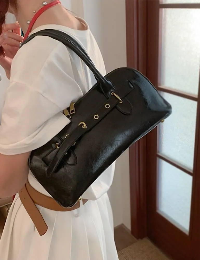 Vegan Leather Shoulder Purse for Women Vintage Belt Buckle Crossbody Bags Handbag Adjustable Strap