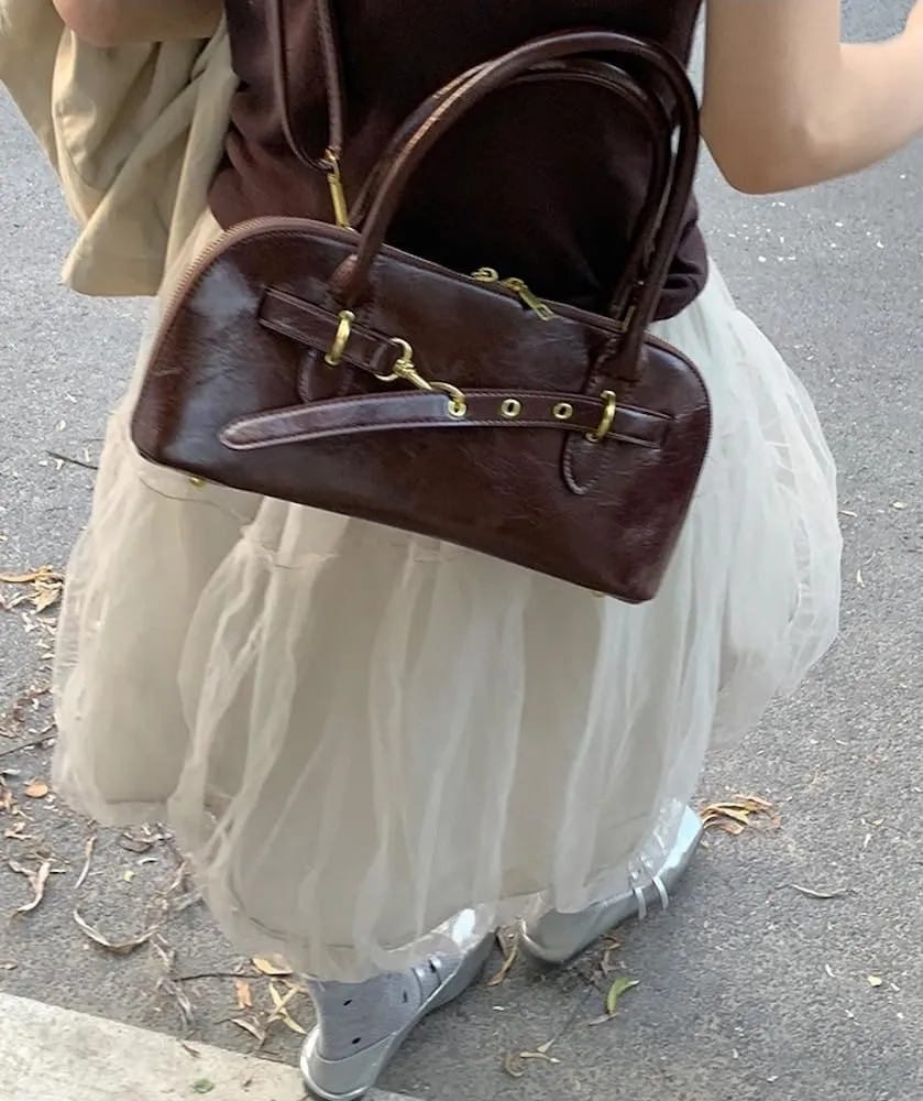 Vegan Leather Shoulder Purse for Women Vintage Belt Buckle Crossbody Bags Handbag Adjustable Strap