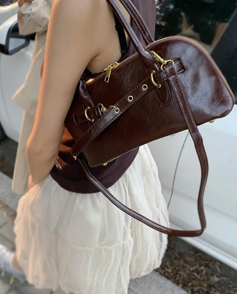 Vegan Leather Shoulder Purse for Women Vintage Belt Buckle Crossbody Bags Handbag Adjustable Strap