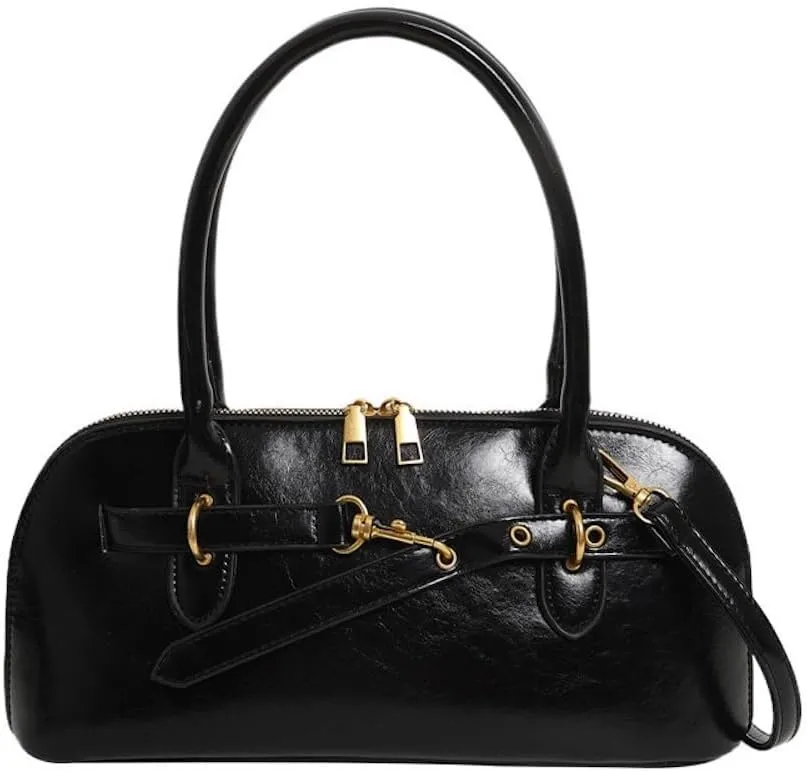 Vegan Leather Shoulder Purse for Women Vintage Belt Buckle Crossbody Bags Handbag Adjustable Strap