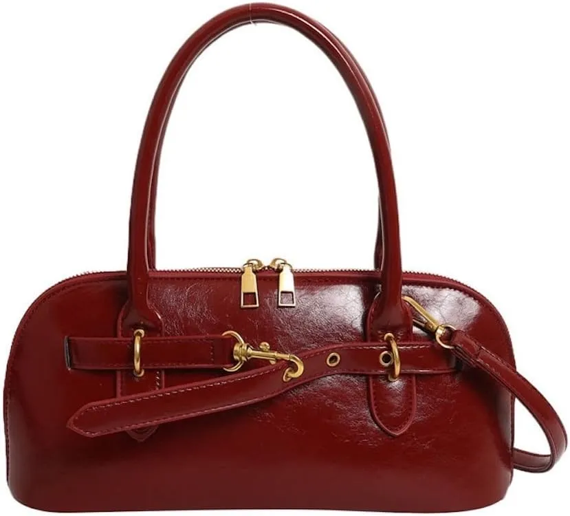 Vegan Leather Shoulder Purse for Women Vintage Belt Buckle Crossbody Bags Handbag Adjustable Strap