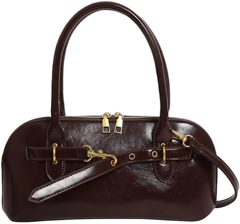 Vegan Leather Shoulder Purse for Women Vintage Belt Buckle Crossbody Bags Handbag Adjustable Strap