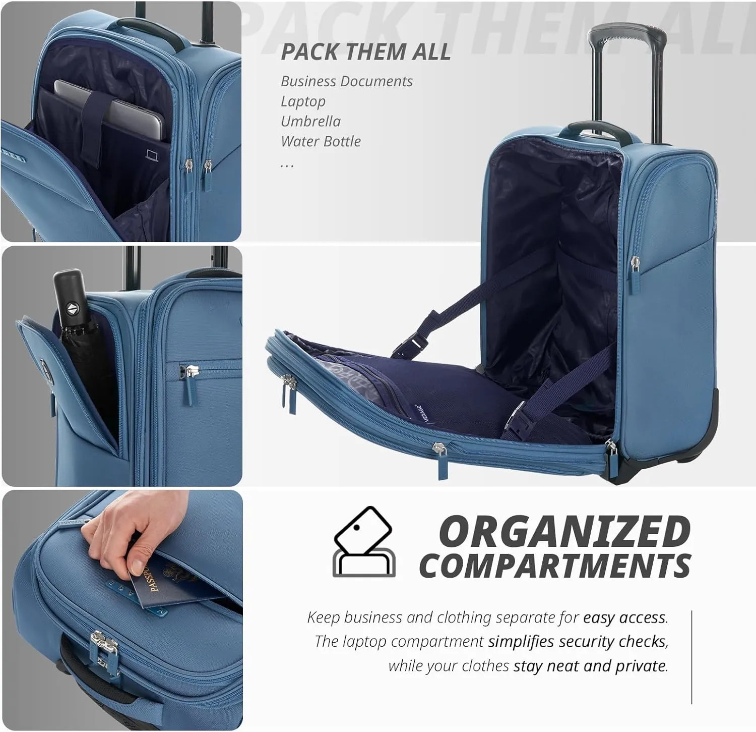 Verage Under Seat Luggage with Wheels, Softside Expanable Small Suitcase Carry On Luggage Bags for Airlines Airplanes Short Trip Men Women (Coast Blue, 16-Inch Rolling Underseat)
