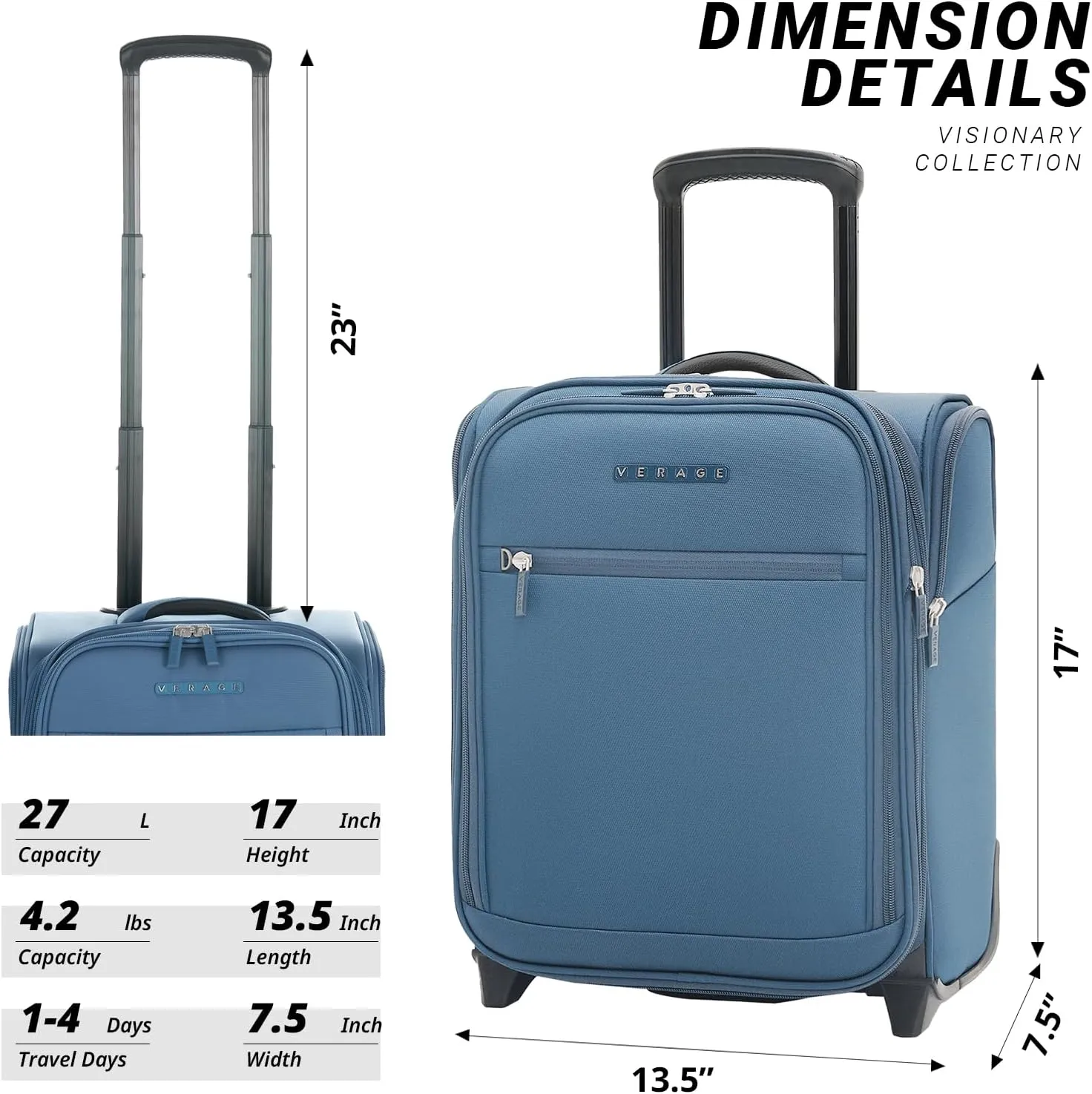 Verage Under Seat Luggage with Wheels, Softside Expanable Small Suitcase Carry On Luggage Bags for Airlines Airplanes Short Trip Men Women (Coast Blue, 16-Inch Rolling Underseat)