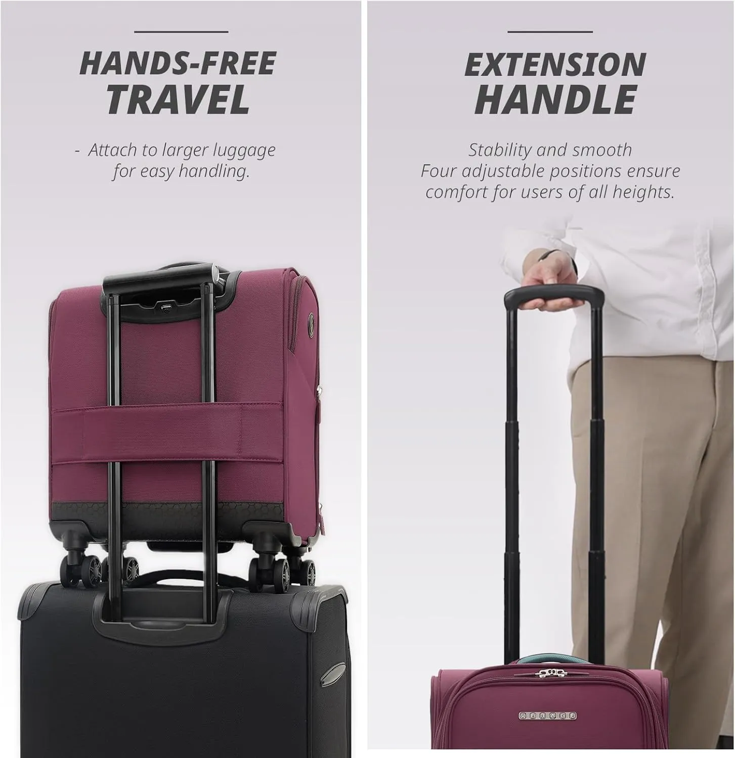 Verage Under Seat Luggage with Wheels，Softside Small Suitcase Spinner Carry On Luggage Bags for Airlines Airplanes Short Trip Men Women (Grape red, 14-Inch Underseat)