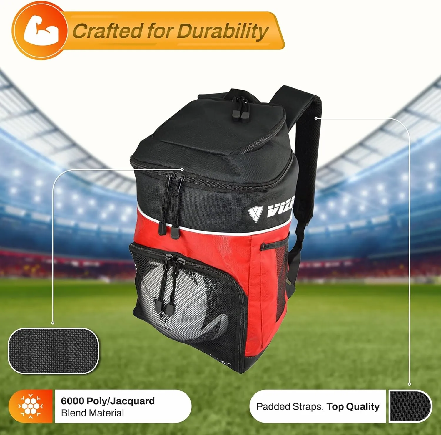Vizari Soccer Backpack with Ball Compartment | Ventilated Gear Storage | Adjustable Straps & Mesh Pockets for Adults & Teens