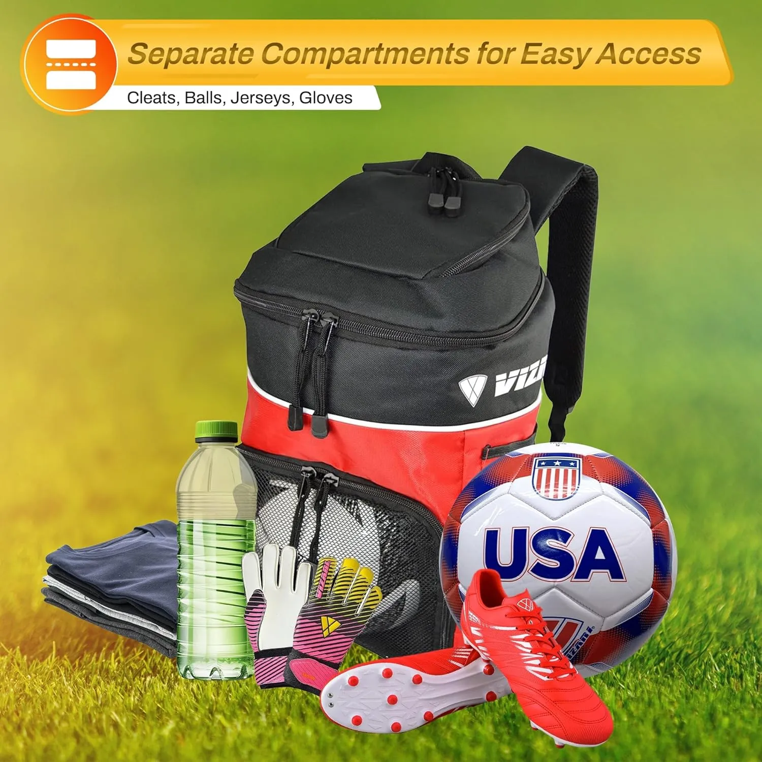 Vizari Soccer Backpack with Ball Compartment | Ventilated Gear Storage | Adjustable Straps & Mesh Pockets for Adults & Teens