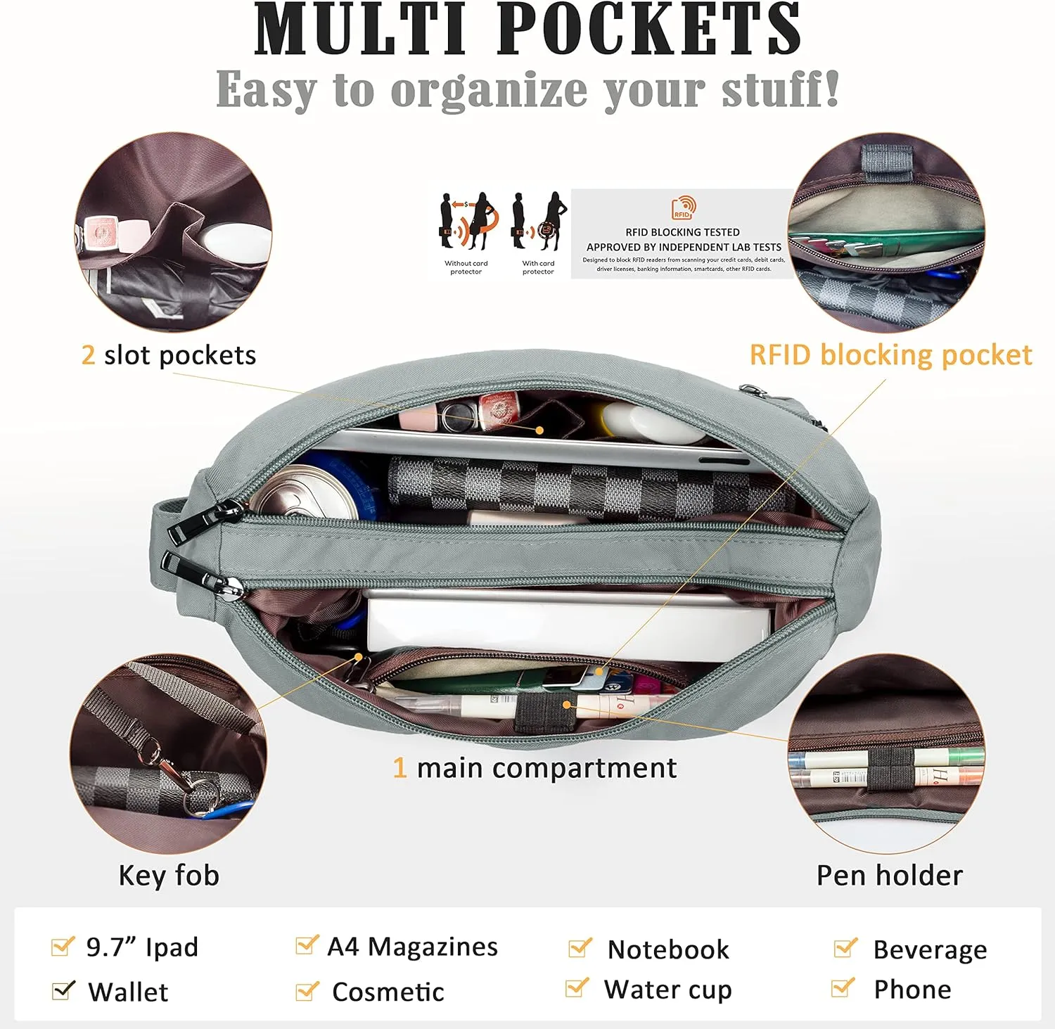 VOLGANIK ROCK RFID Purses for Women Fabric Nylon Multi Pocket Crossbody Bag Ladies Travel Handbag