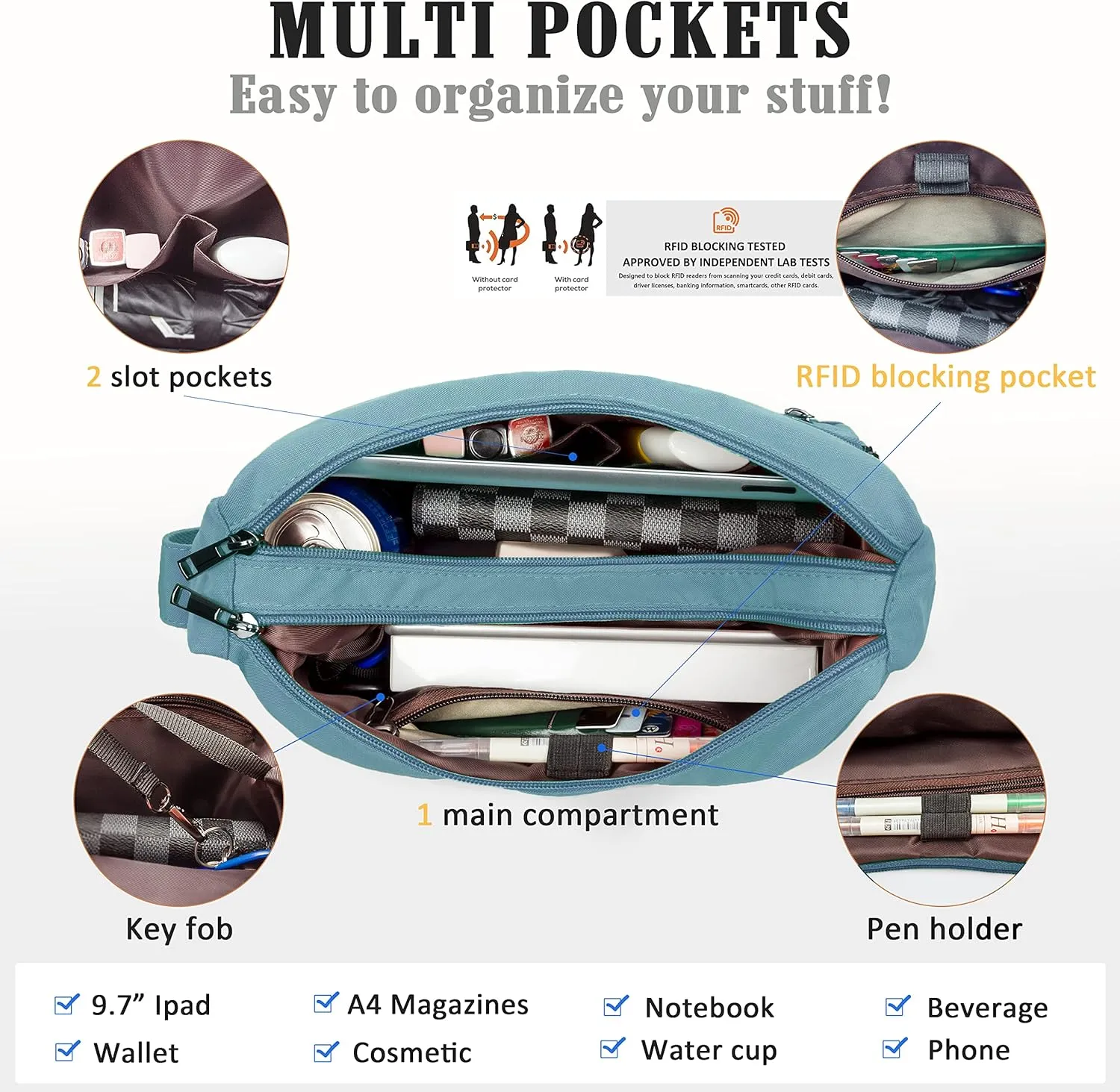 VOLGANIK ROCK RFID Purses for Women Fabric Nylon Multi Pocket Crossbody Bag Ladies Travel Handbag