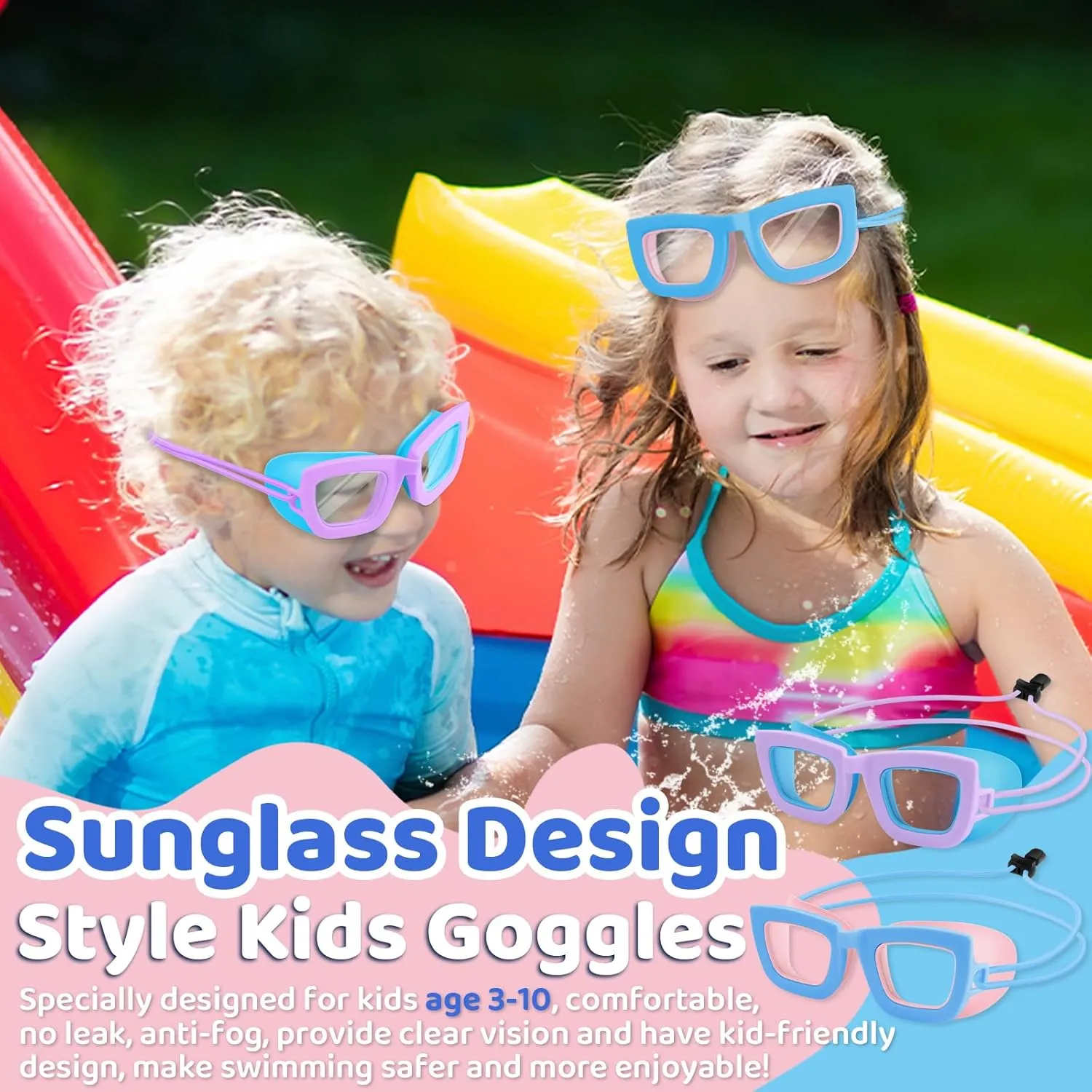 Vvinca Kids Swim Goggles, 2 Pack Toddlers Swimming Goggles Bungee Strap No Hair Pulling Anti-Fog/UV Pool Goggles for Age 3-10