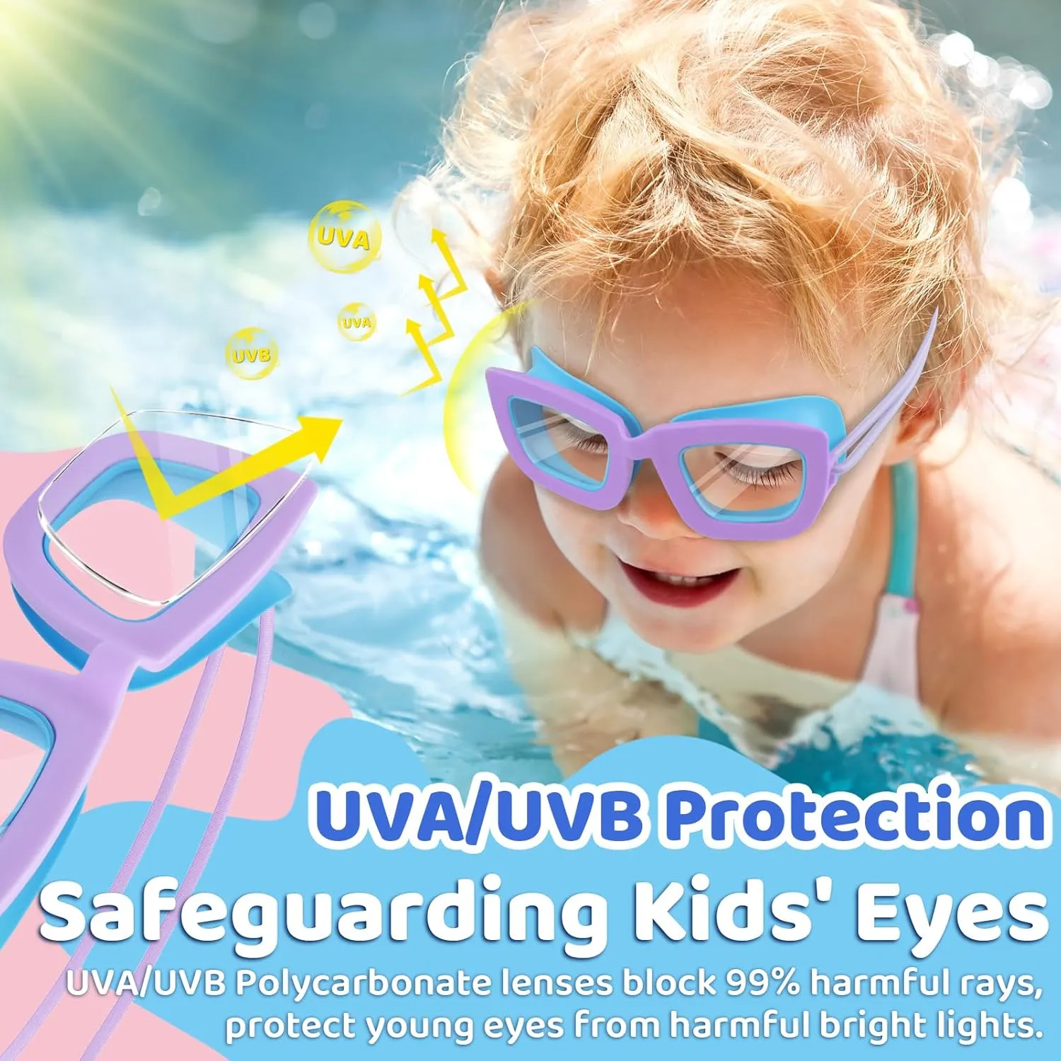 Vvinca Kids Swim Goggles, 2 Pack Toddlers Swimming Goggles Bungee Strap No Hair Pulling Anti-Fog/UV Pool Goggles for Age 3-10