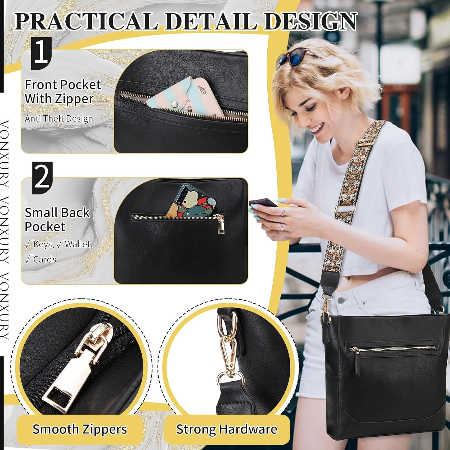 VX VONXURY Crossbody Bag for Women, Trendy Vegan Leather Shoulder Bag, Designer Bucket Bag with 2PCS Adjustable Straps