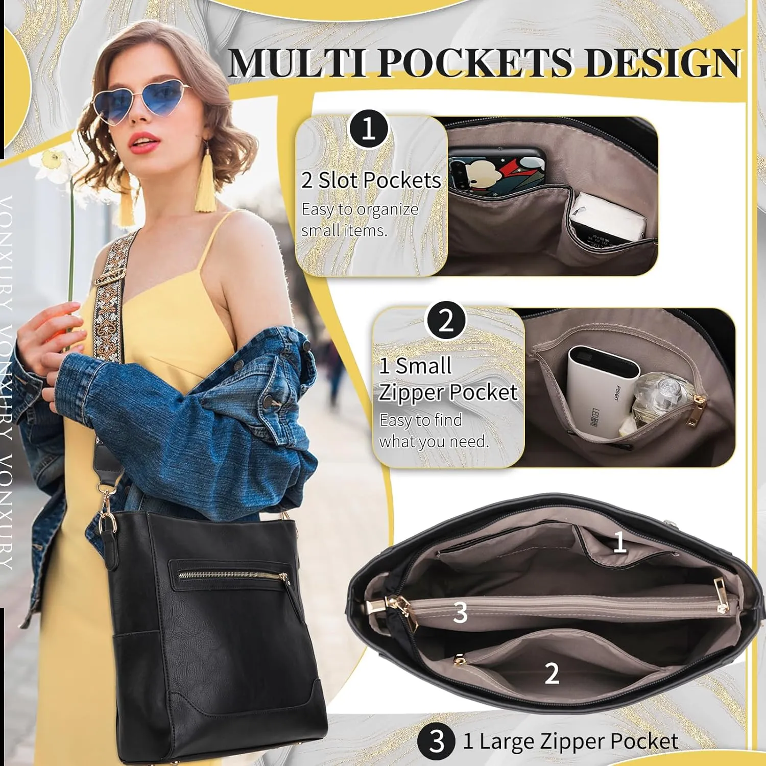VX VONXURY Crossbody Bag for Women, Trendy Vegan Leather Shoulder Bag, Designer Bucket Bag with 2PCS Adjustable Straps