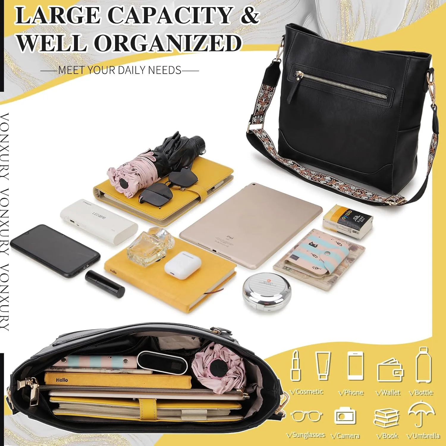VX VONXURY Crossbody Bag for Women, Trendy Vegan Leather Shoulder Bag, Designer Bucket Bag with 2PCS Adjustable Straps