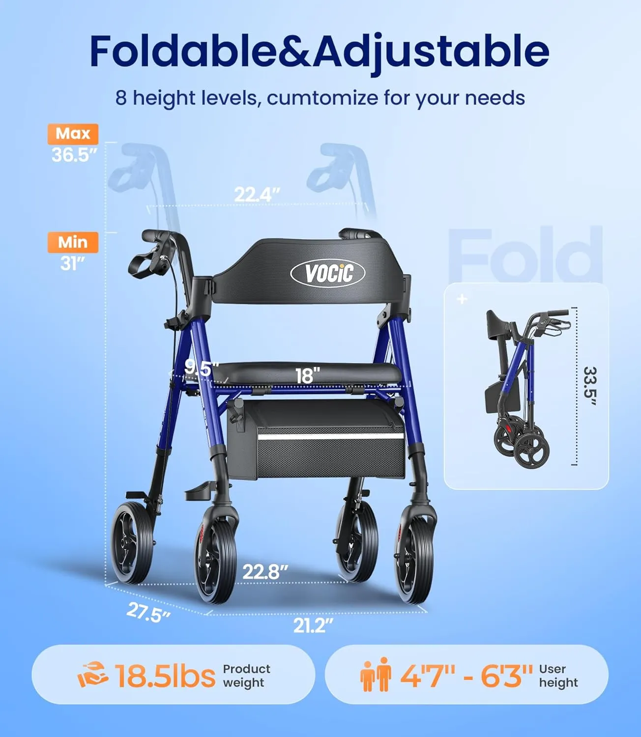 Walkers for Seniors,Foldable Walker with Seat,Rollator Walker with Durable Aluminum,8" Big Wheels for All Terrain, Ergonomic Seat and Backrest,Dual Adjustable Height Rolling Walker| Pashion Blue
