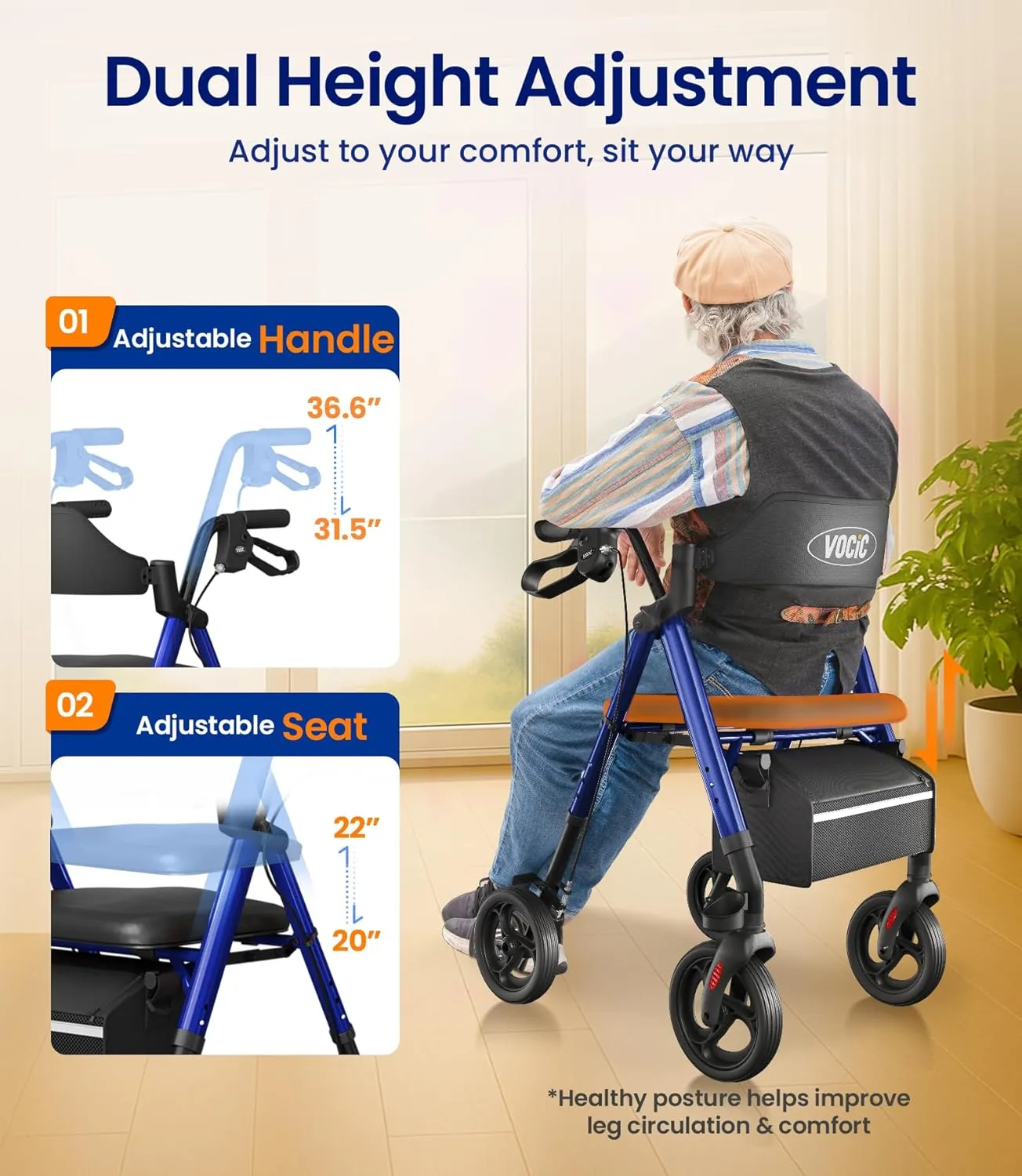 Walkers for Seniors,Foldable Walker with Seat,Rollator Walker with Durable Aluminum,8" Big Wheels for All Terrain, Ergonomic Seat and Backrest,Dual Adjustable Height Rolling Walker| Pashion Blue