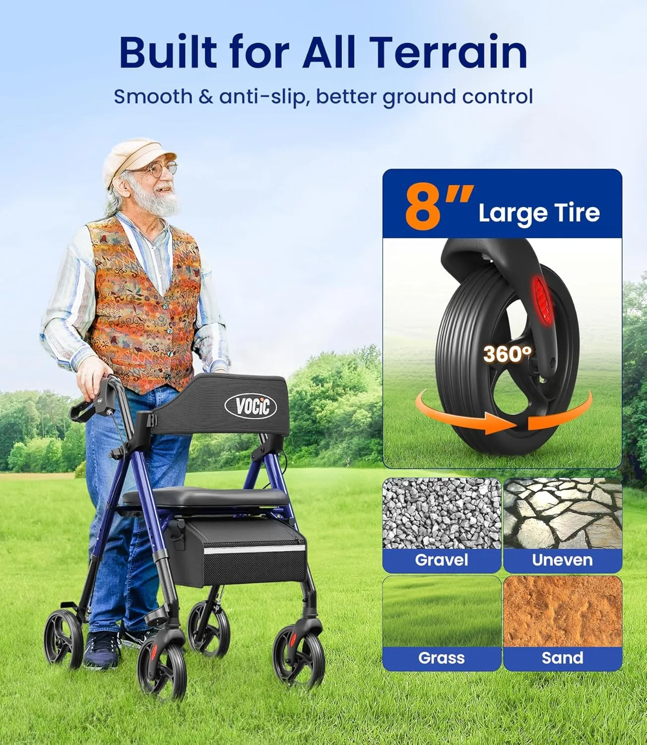 Walkers for Seniors,Foldable Walker with Seat,Rollator Walker with Durable Aluminum,8" Big Wheels for All Terrain, Ergonomic Seat and Backrest,Dual Adjustable Height Rolling Walker| Pashion Blue