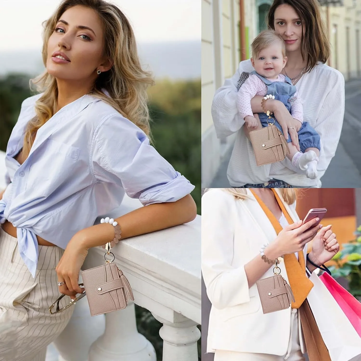 Wallet Keychain Wristlet for Women,Slim RFID Credit Card Holder Purse Tassel Keychain Bangle Key Ring for Men Women