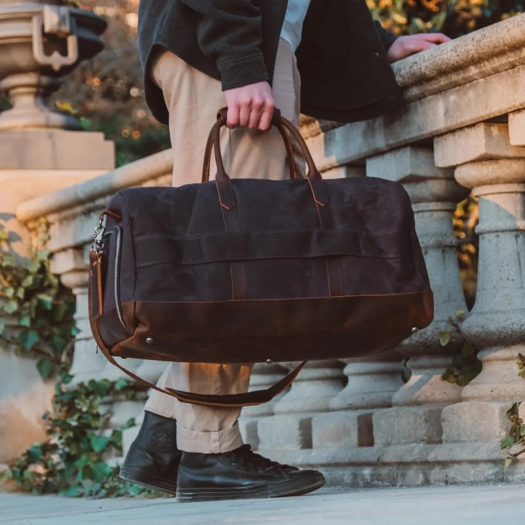 Waxed Canvas Weekender Duffle Bag, Vintage Style Travel Bag with Leather Trim, Army Green (Black)