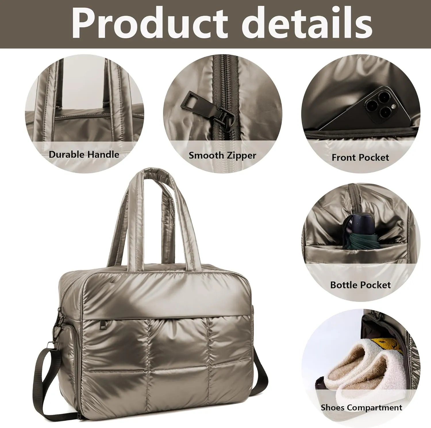Weekender Fluffy Bag Quilted Nylon Puffer Tote Bag Personal Item Bag for Airlines Overnight Bag Gym Bag