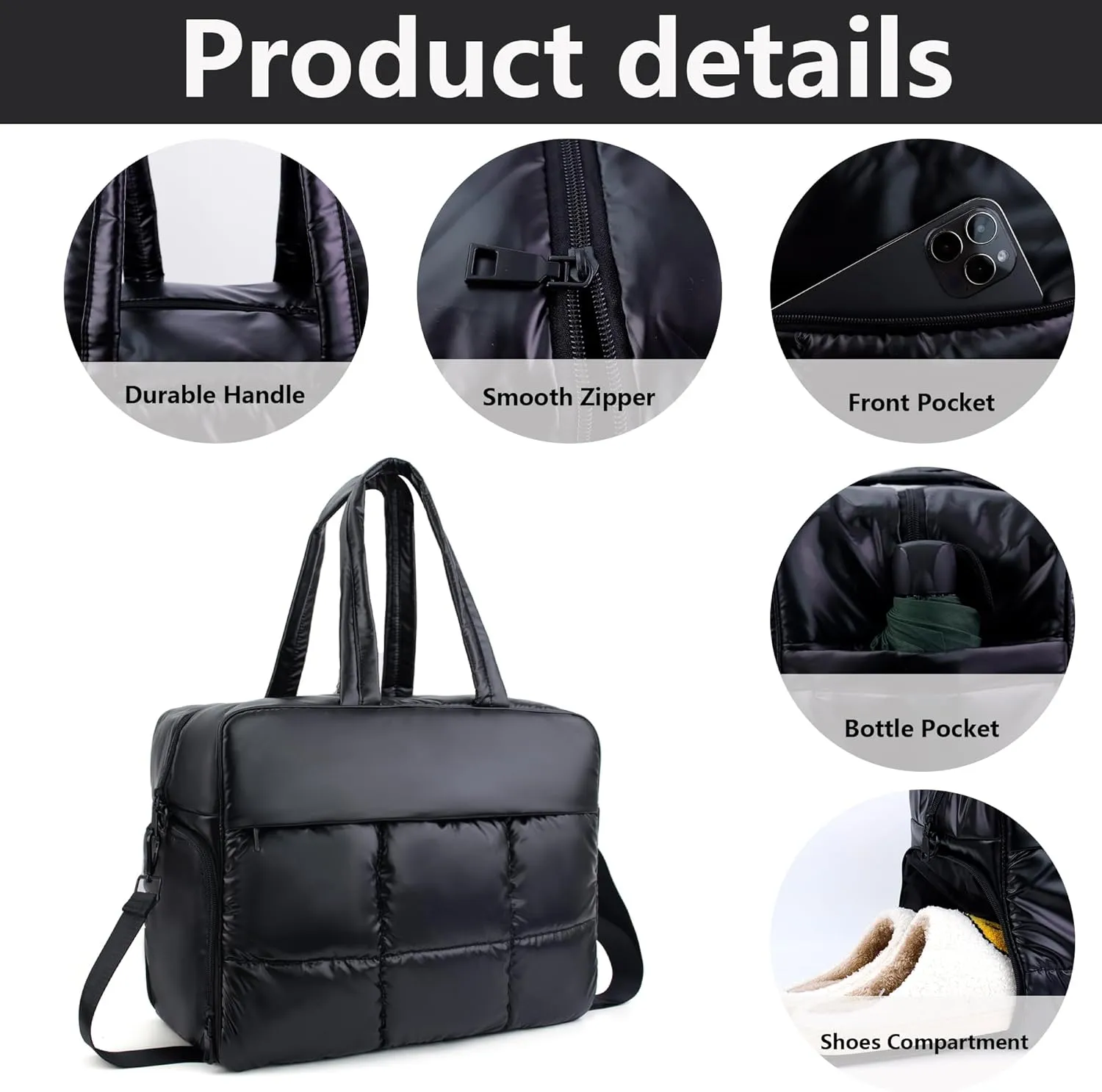 Weekender Fluffy Bag Quilted Nylon Puffer Tote Bag Personal Item Bag for Airlines Overnight Bag Gym Bag