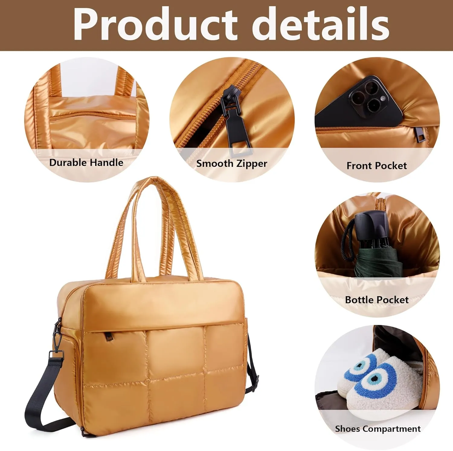 Weekender Fluffy Bag Quilted Nylon Puffer Tote Bag Personal Item Bag for Airlines Overnight Bag Gym Bag