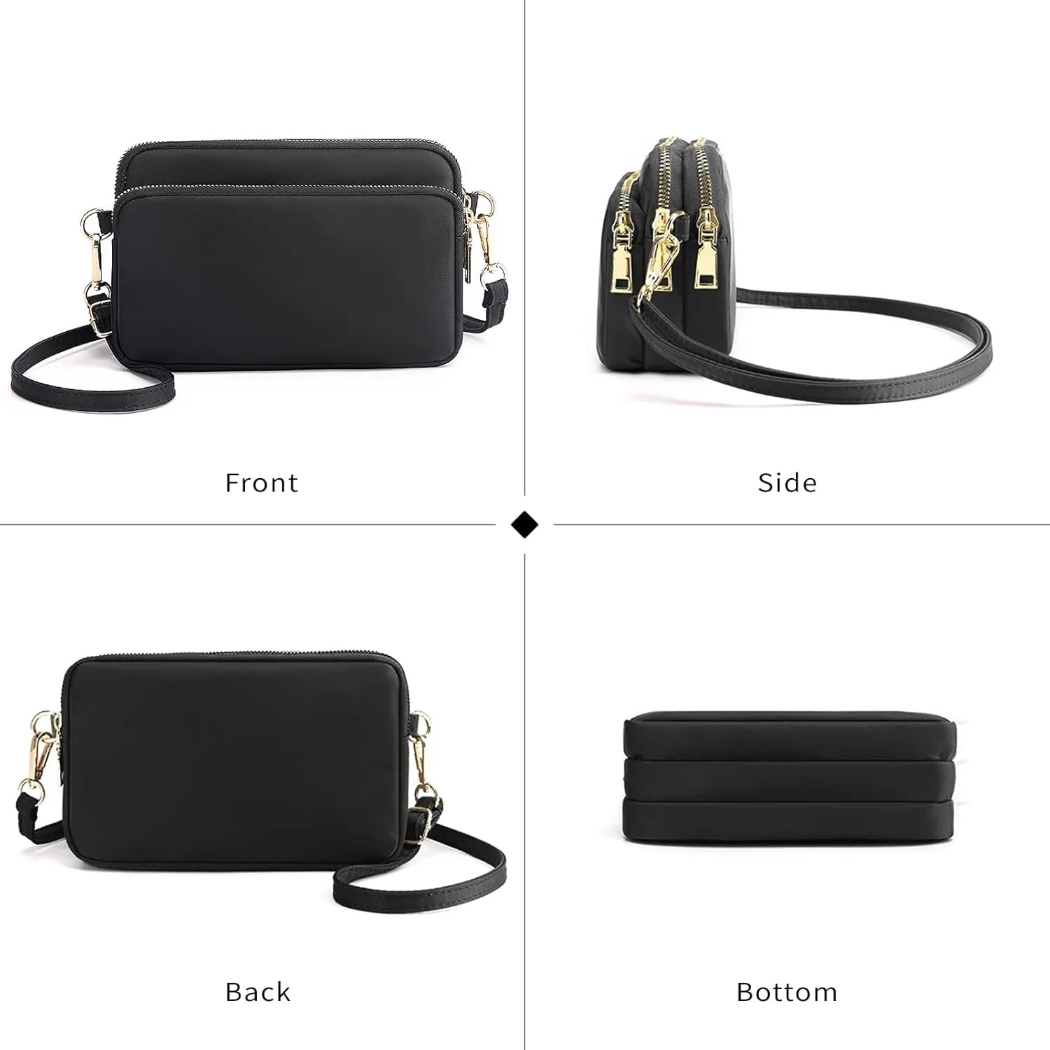WITERY Multi Zipper Crossbody Bags for Women - Waterproof Mini Nylon Travel Shoulder Bag Cell Phone Purse Pouch with Strap