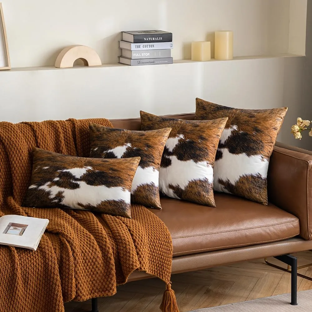 Woaboy Pack of 2 Decorative Throw Pillow Covers Cowhide Brindle Printed Couch Throw Pillows Cushion Covers for Home Decor Living Room Sofa Bedroom 26x26Inch