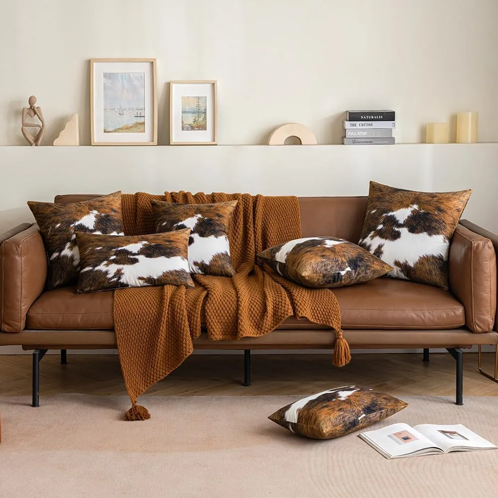 Woaboy Pack of 2 Decorative Throw Pillow Covers Cowhide Brindle Printed Couch Throw Pillows Cushion Covers for Home Decor Living Room Sofa Bedroom 26x26Inch