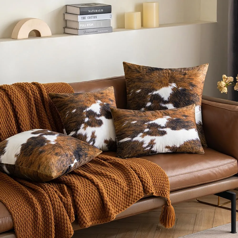 Woaboy Pack of 2 Decorative Throw Pillow Covers Cowhide Brindle Printed Couch Throw Pillows Cushion Covers for Home Decor Living Room Sofa Bedroom 26x26Inch