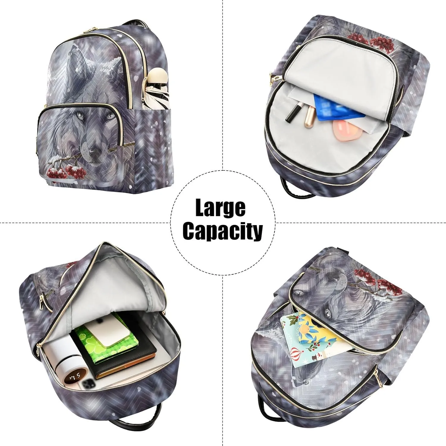 Wolf Quilted Backpack Purse for Women Fashion Small Backpack Shoulder Bag Travel Casual Daypack