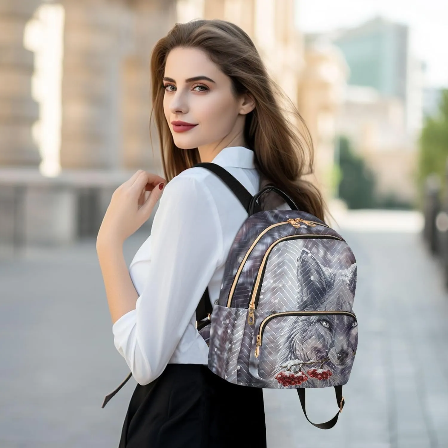 Wolf Quilted Backpack Purse for Women Fashion Small Backpack Shoulder Bag Travel Casual Daypack