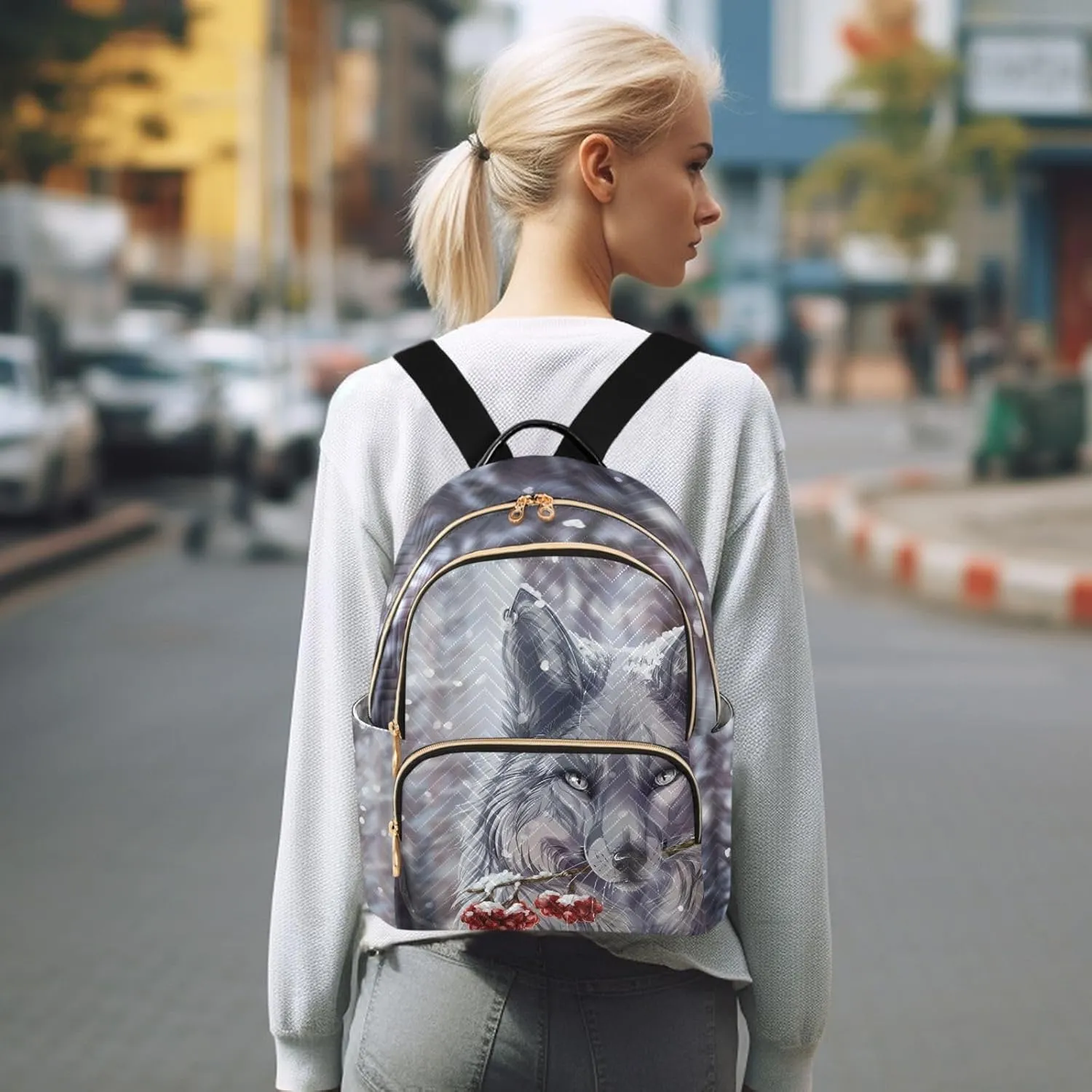 Wolf Quilted Backpack Purse for Women Fashion Small Backpack Shoulder Bag Travel Casual Daypack