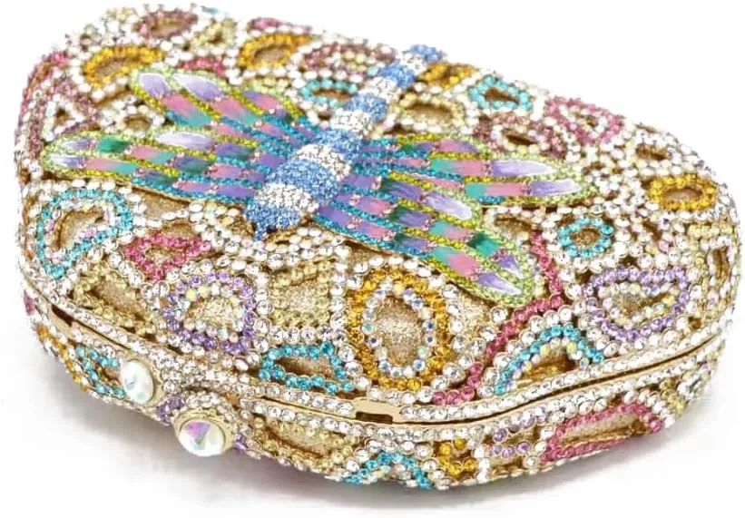 Women Cute Dragonfly Evening Clutch Purse Sparkly Rhinestone Crystal Handbag for Banquet Wedding Party Prom