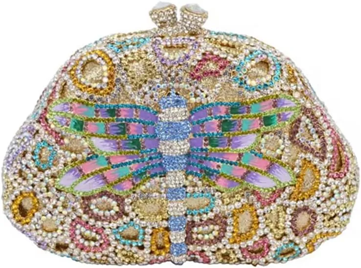 Women Cute Dragonfly Evening Clutch Purse Sparkly Rhinestone Crystal Handbag for Banquet Wedding Party Prom