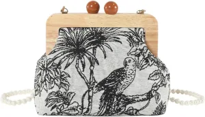 Women Evening Bag Floral Birds Embroidery Clutch Bag Wooden Beads Handbag Bridal Wedding Purse Elegant Shoulder Bag