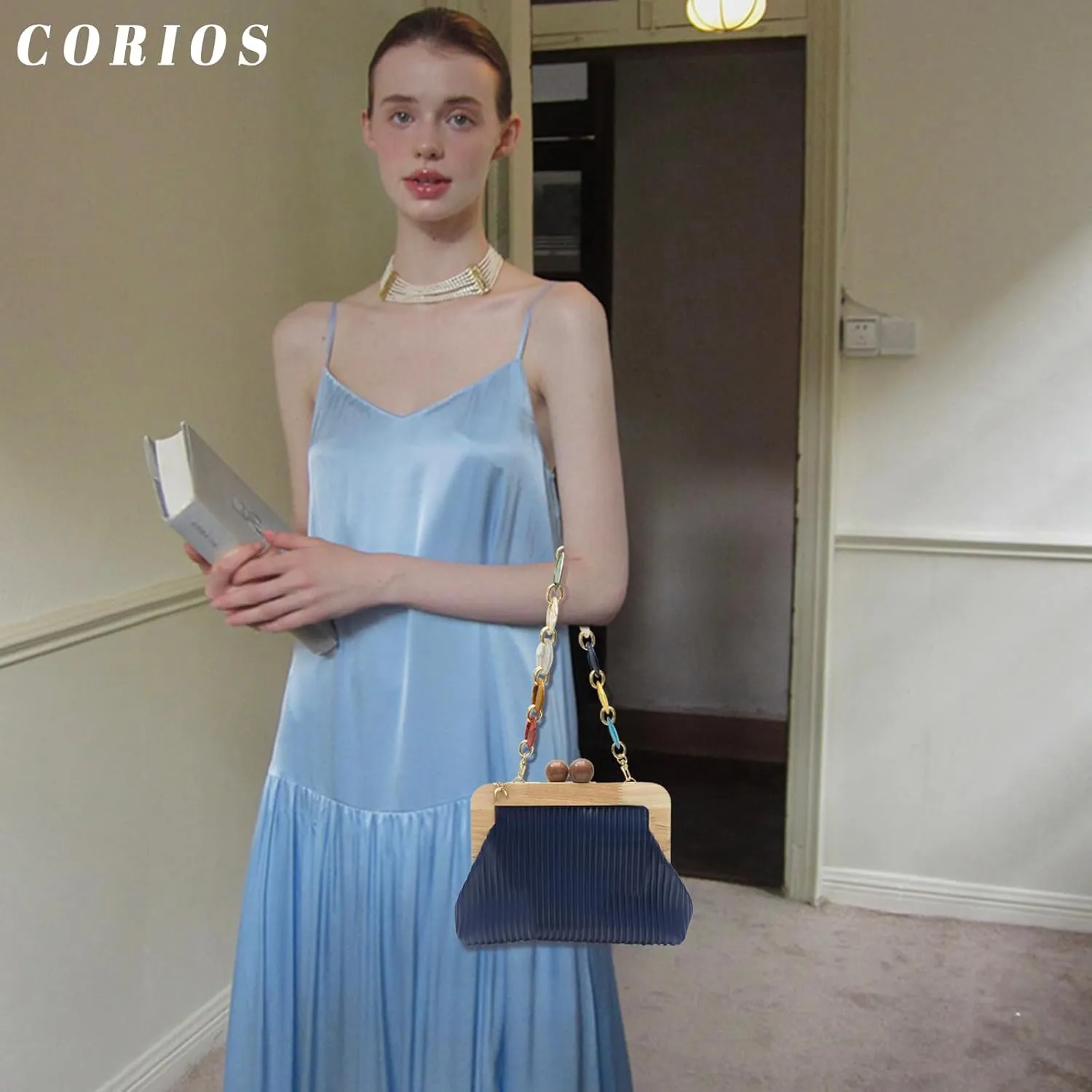 Women Evening Bag Pleated Clutch Bag Wooden Beads Handbag Bridal Wedding Purse Elegant PU Leather Shoulder Bag
