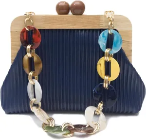 Women Evening Bag Pleated Clutch Bag Wooden Beads Handbag Bridal Wedding Purse Elegant PU Leather Shoulder Bag