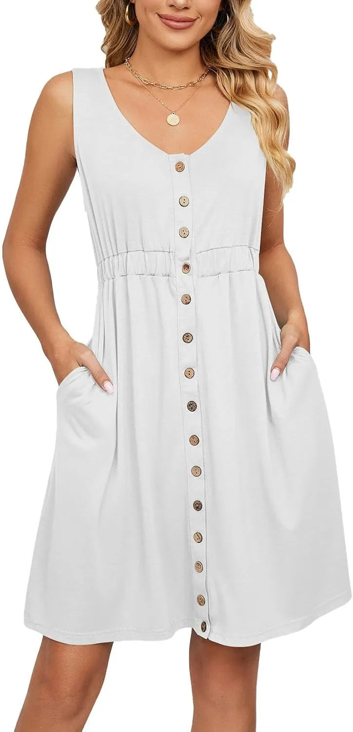Women Fashion Stylish 2025 Spring & Summer Dress, Solid Color Sleeveless Button Pocket Round Neck Slit Waist Dresses