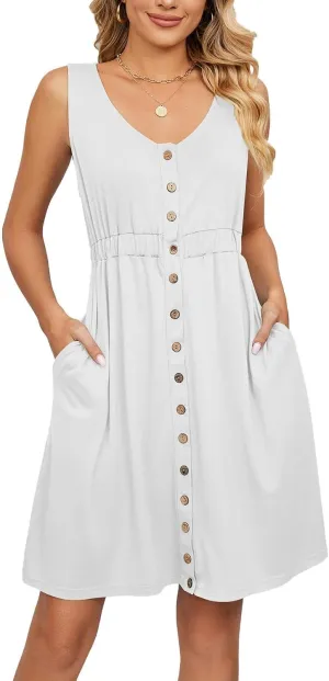 Women Fashion Stylish 2025 Spring & Summer Dress, Solid Color Sleeveless Button Pocket Round Neck Slit Waist Dresses