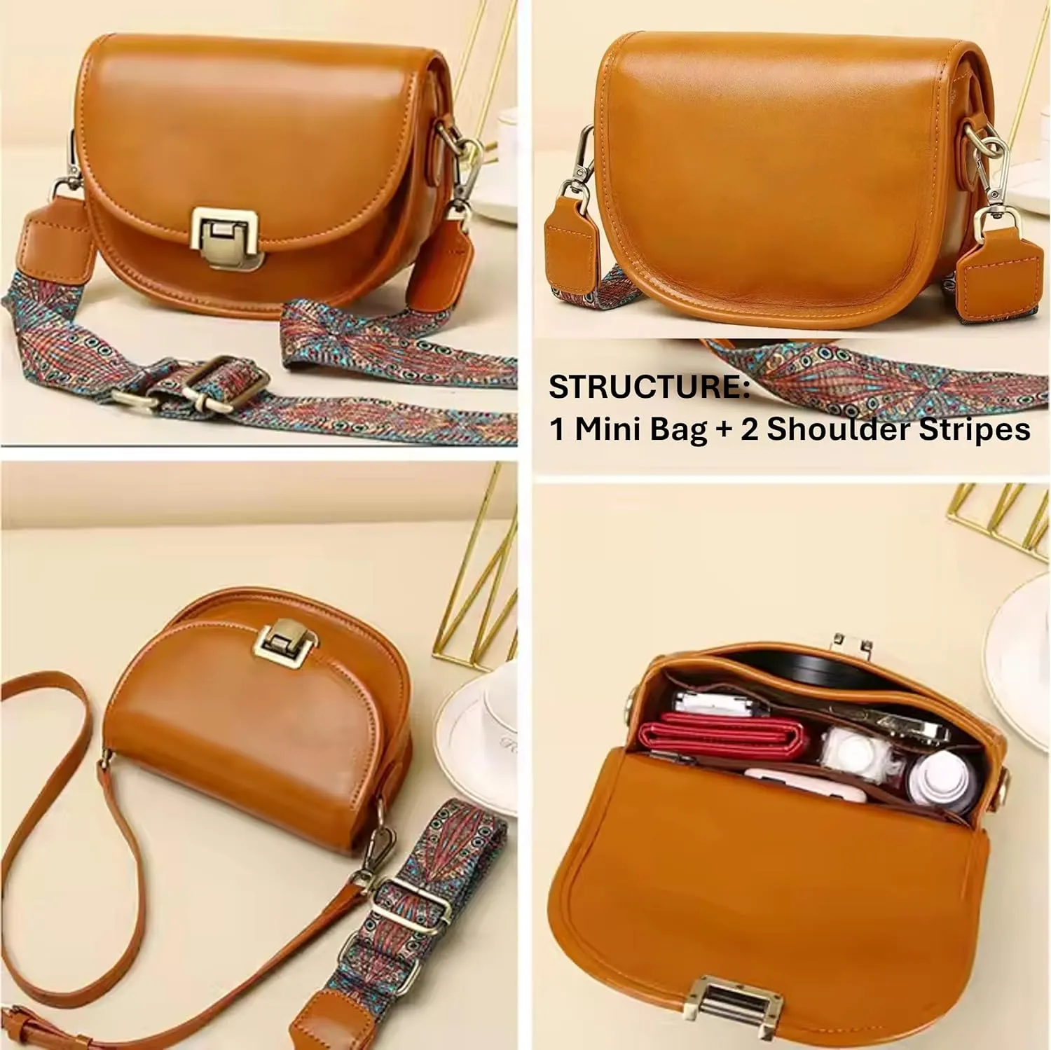 Women Genuine Cow Leather Mini Small Crossbody Shoulder Bag with 2 Detachable Adjustable Straps
