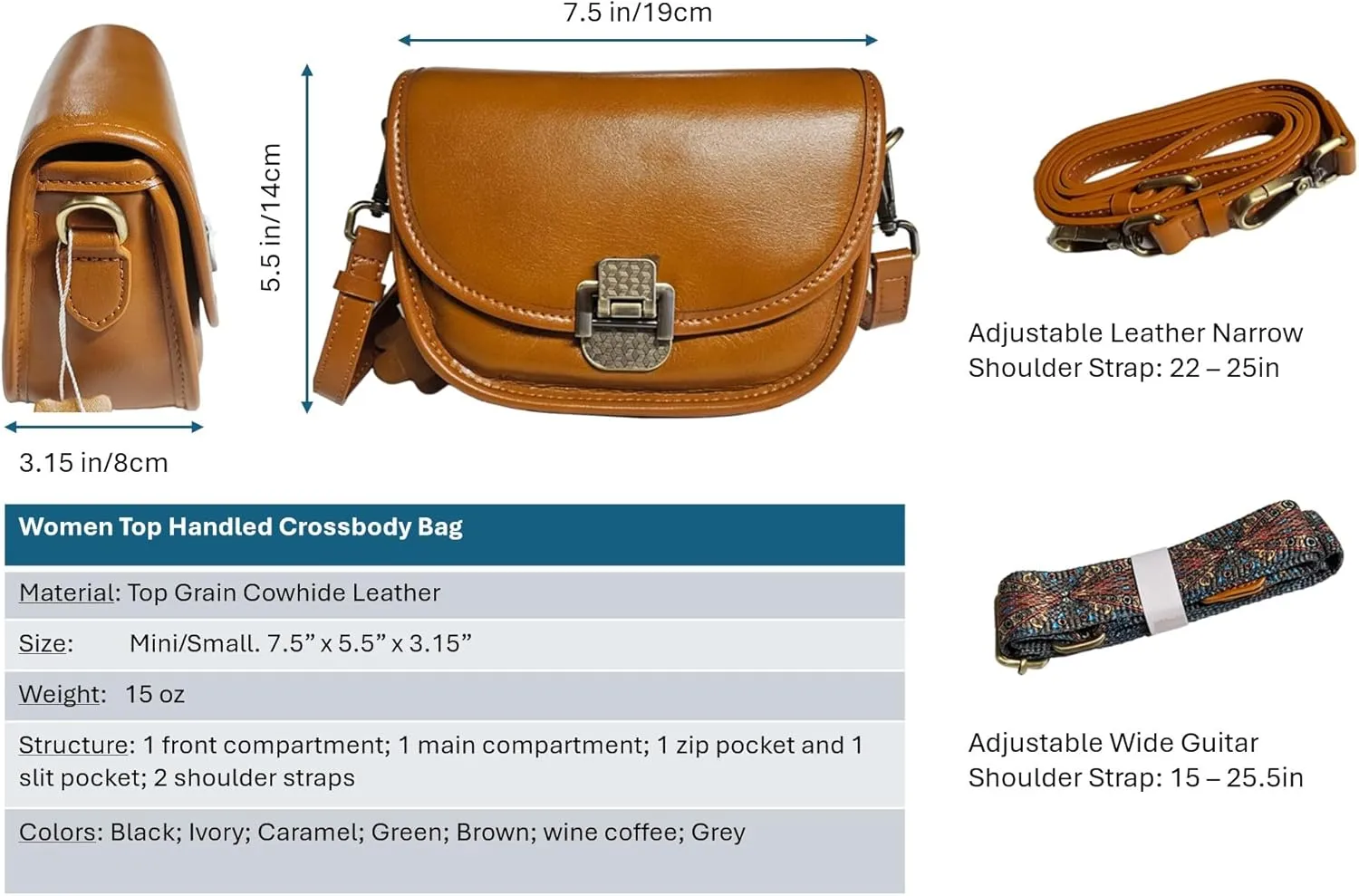 Women Genuine Cow Leather Mini Small Crossbody Shoulder Bag with 2 Detachable Adjustable Straps