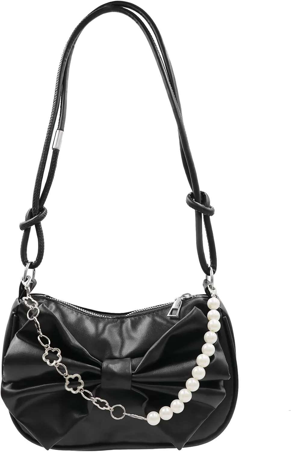 Women Girls Retro Hobo Handbag Underarm Shoulder Bag Pearls Handle Clutch Pouch Tote Bag for Wedding Party Travel,Black
