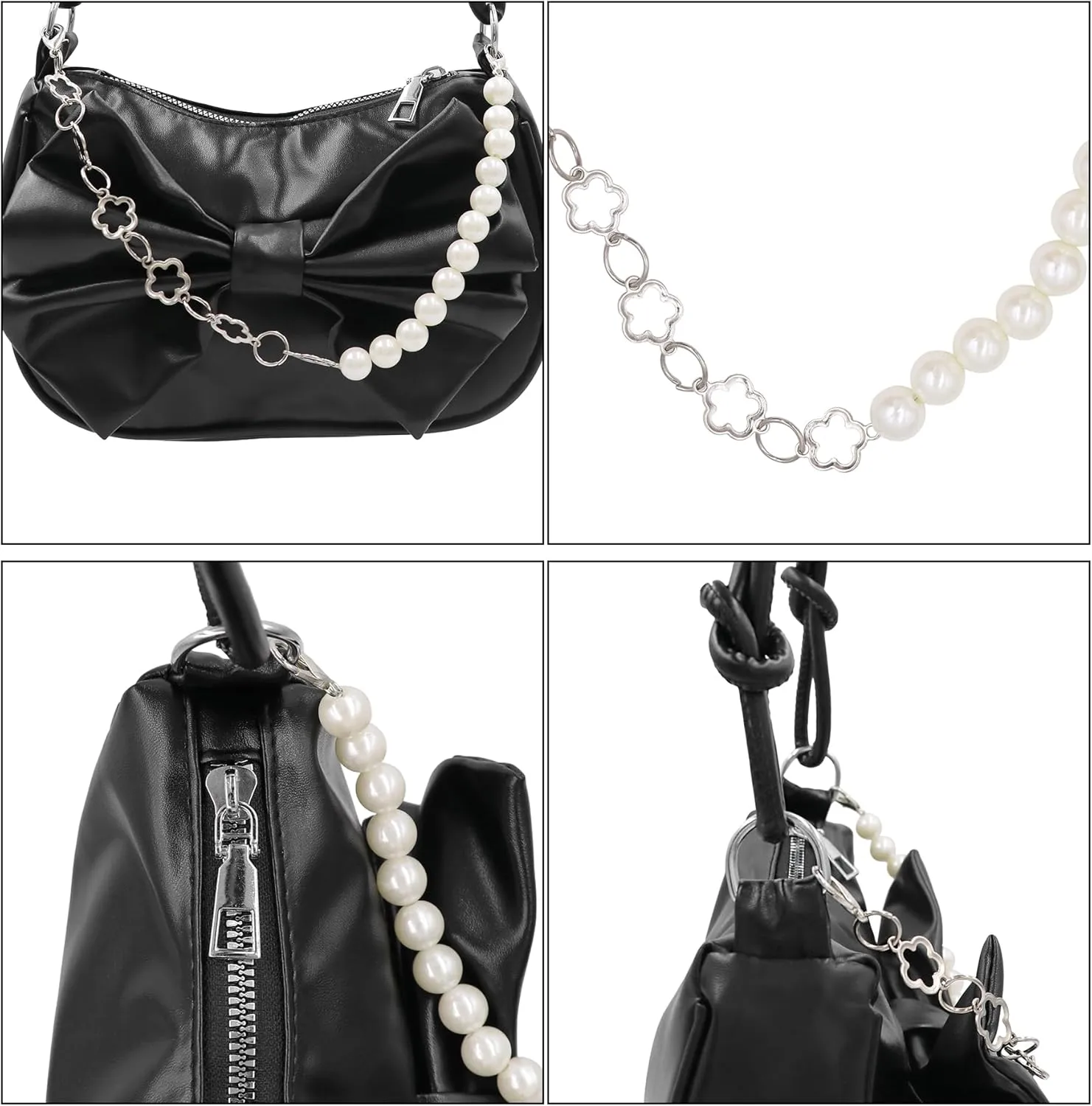 Women Girls Retro Hobo Handbag Underarm Shoulder Bag Pearls Handle Clutch Pouch Tote Bag for Wedding Party Travel,Black
