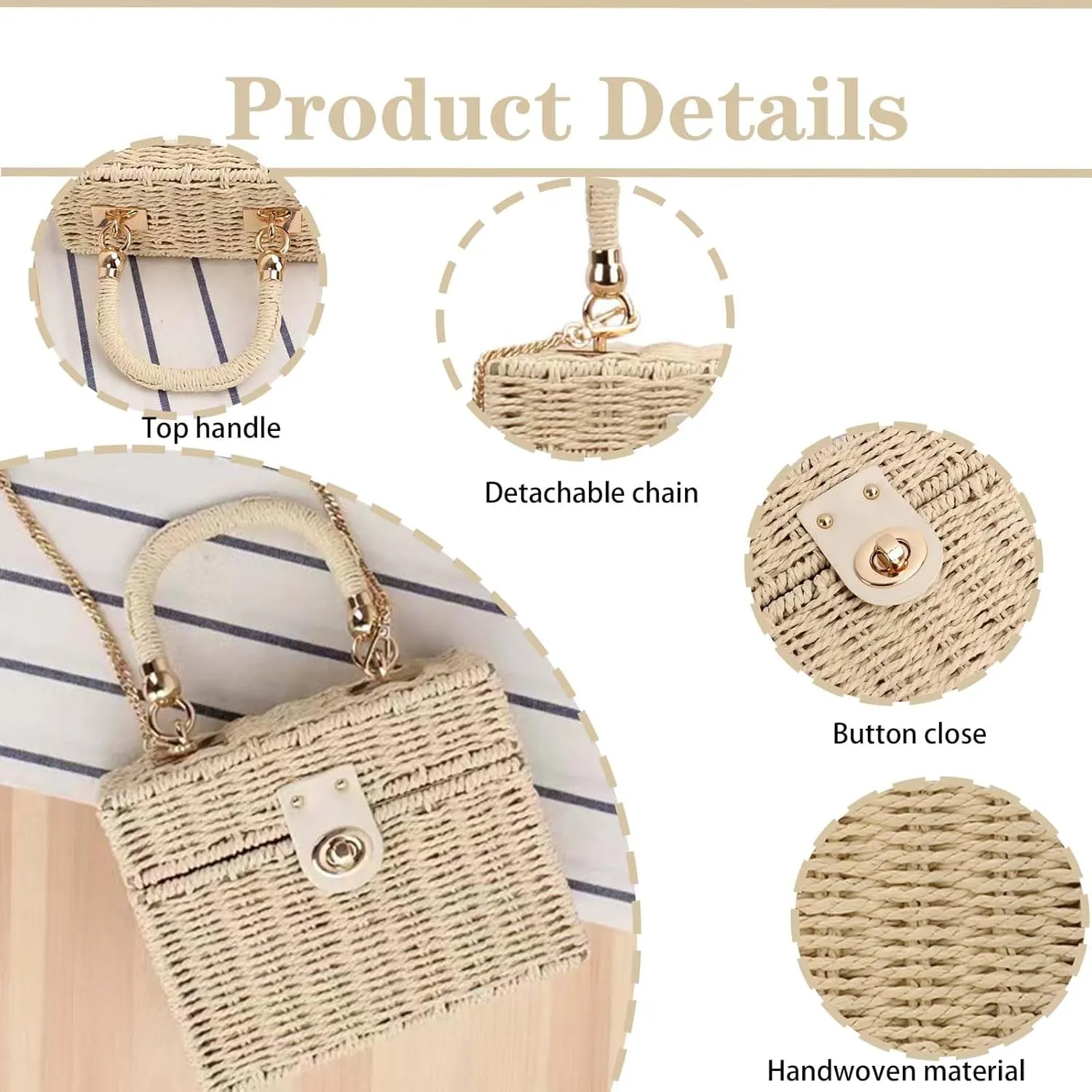 Women Handwoven Straw Bag Rattan Handbag Beach Straw Tote Bag Square Boho Crossbody Bag