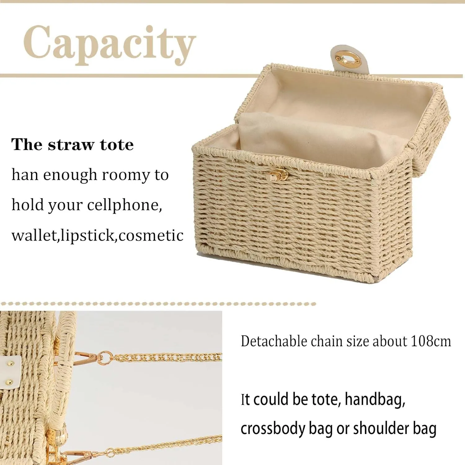 Women Handwoven Straw Bag Rattan Handbag Beach Straw Tote Bag Square Boho Crossbody Bag