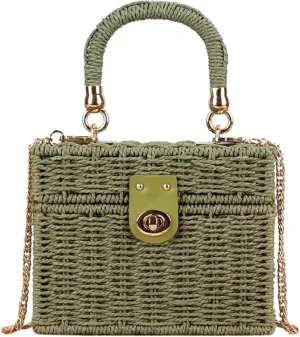 Women Handwoven Straw Bag Rattan Handbag Beach Straw Tote Bag Square Boho Crossbody Bag