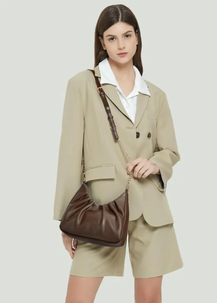 Women Pleated Soft Leather Shoulder Bag - Versatile & Minimalist Design Large Capacity Dual Adjustable Straps Crossbody