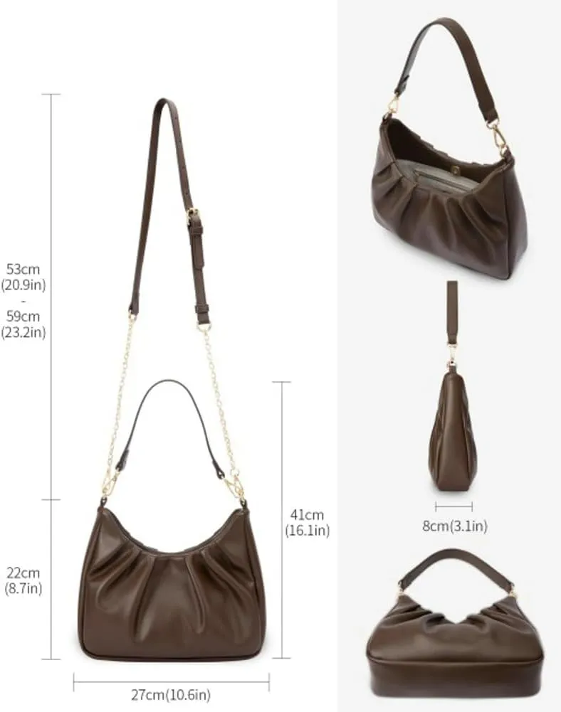 Women Pleated Soft Leather Shoulder Bag - Versatile & Minimalist Design Large Capacity Dual Adjustable Straps Crossbody